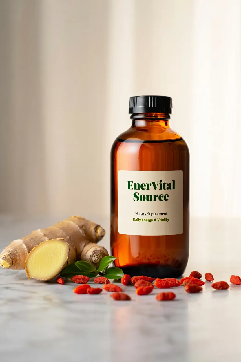 EnerVital Source dietary supplement bottle with natural ingredients for daily energy and vitality